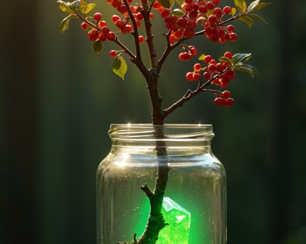 Small tree with red berries in a glass jar