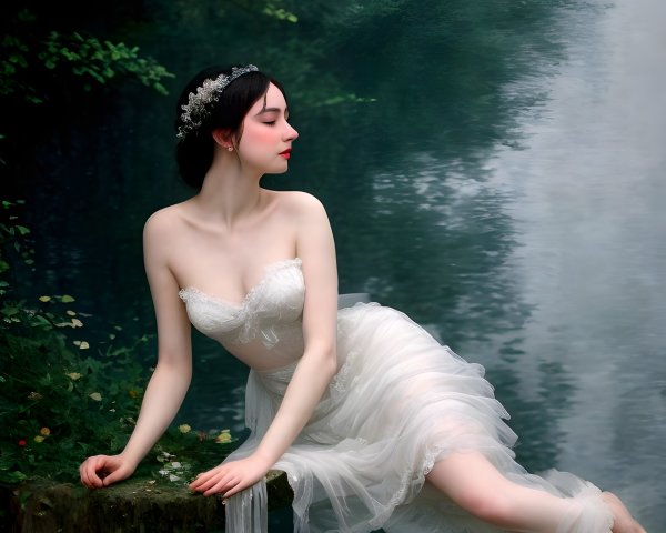 Young Woman in White Gown Amidst Tranquil Nature