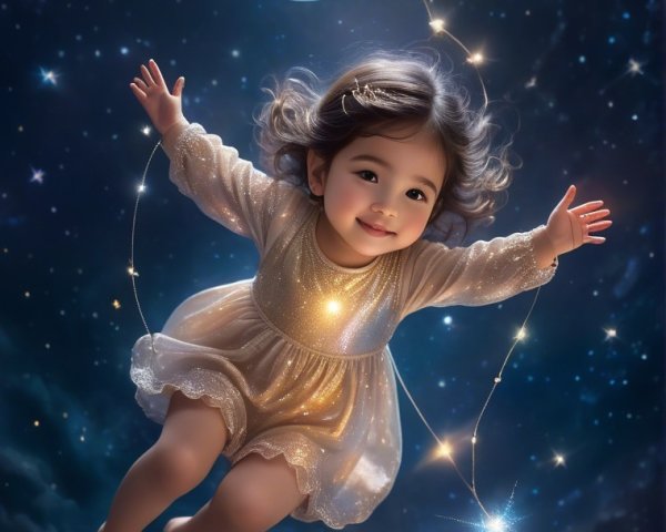 Child in ethereal dress amidst starry night sky