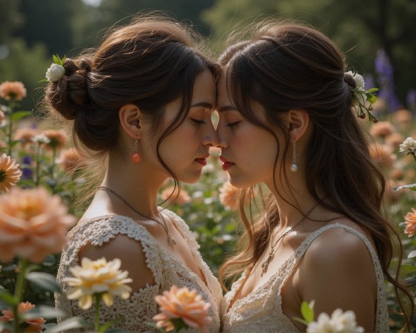 Young women in lace dresses in a flower garden