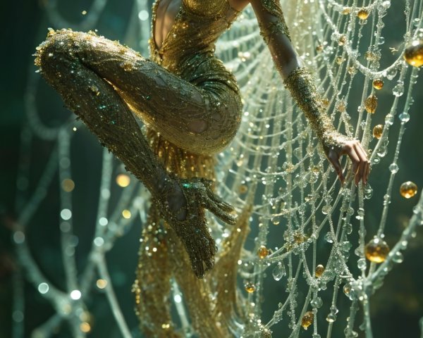 Elegant Figure in Gold Outfit Amid Pearls and Crystals