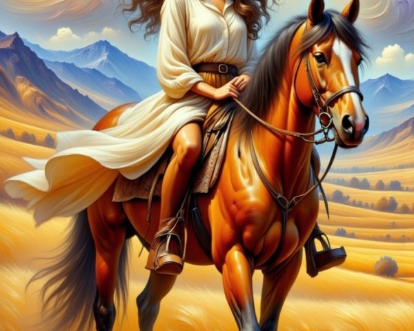 Confident Woman on Horse in Golden Fields