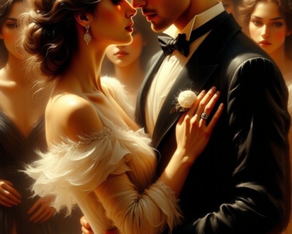 Couple Embraces in Romantic Dimly Lit Ballroom