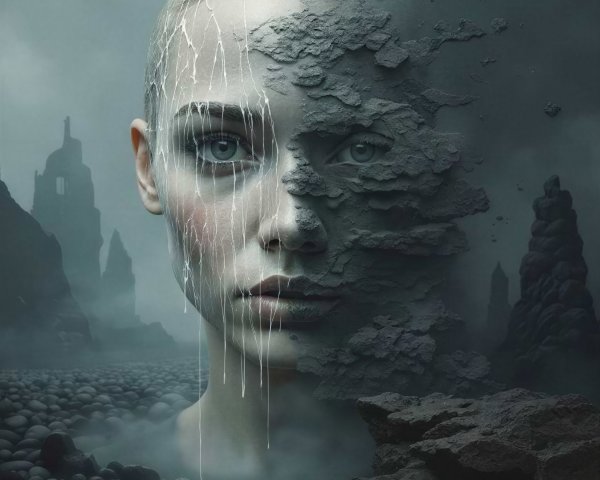 Bald Woman's Face with Split Light and Dark Composition