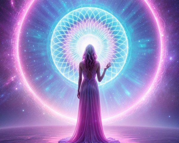 Serene Figure on Reflective Water with Cosmic Mandala