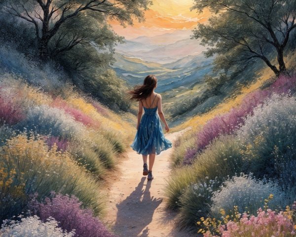 Young woman in blue dress walks through lavender fields