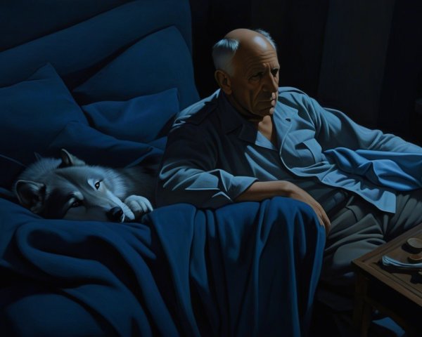 Elderly Man and White Wolf in Dimly Lit Room
