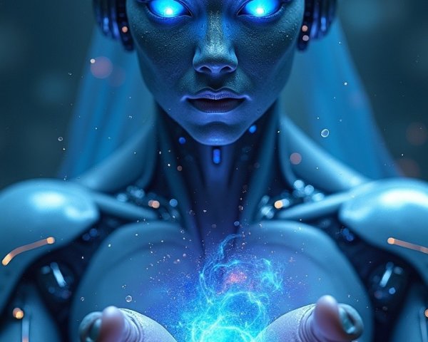 Futuristic Robot with Blue Energy Orb in Dark Setting