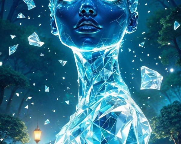 Futuristic Crystal Figure in Enchanted Forest Scene