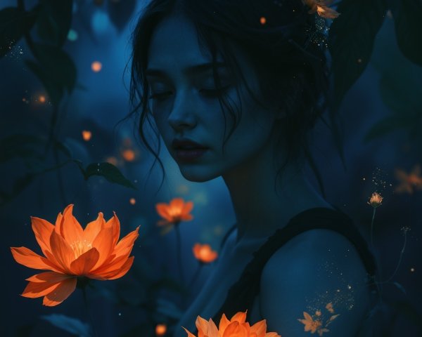 Young woman among glowing lotus flowers and blue foliage