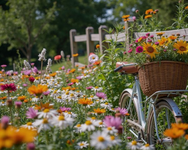 Vintage Bicycle with Woven Basket and Wildflowers