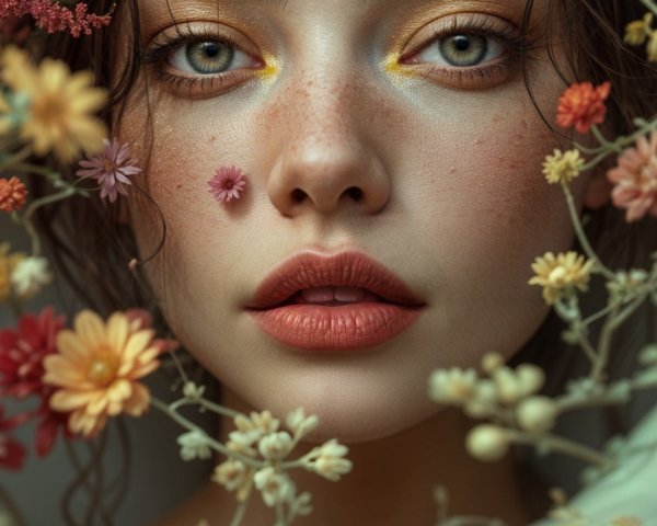 Close-Up Portrait of a Woman with Floral Crown