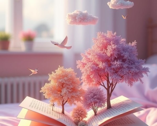Open Book with Pages as Blooming Trees and Clouds