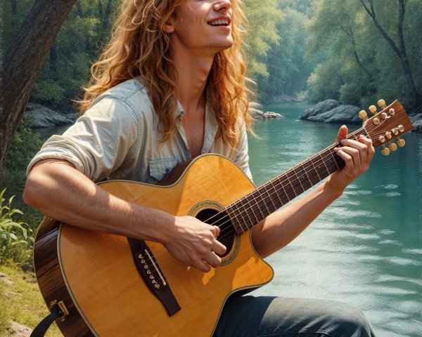 Young man playing guitar by a serene riverside