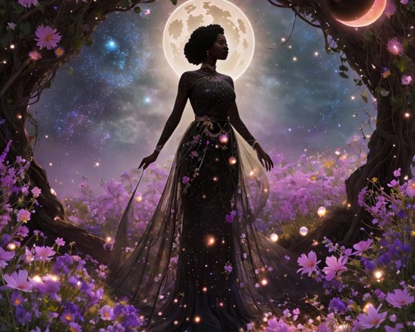 Mystical Scene with Glowing Moon and Flowers