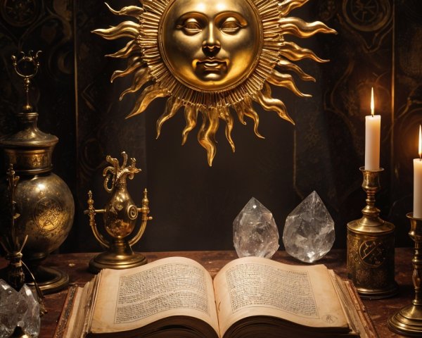 Mystical Scene with Golden Sun Emblem and Ancient Book