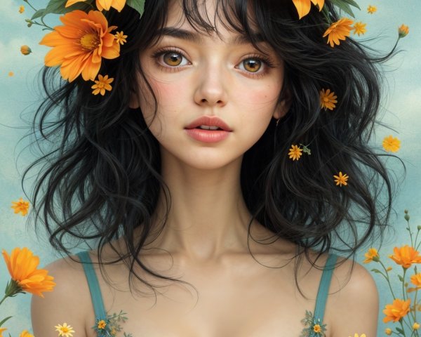 Young woman with black hair and orange flowers backdrop