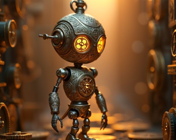 Intricate Robot Surrounded by Gears and Steampunk Elements