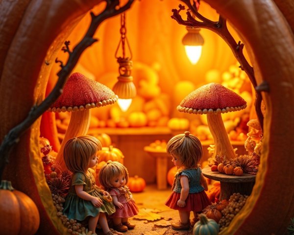 Whimsical Pumpkin Scene with Detailed Child Figures