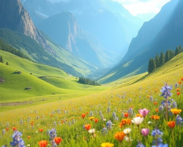 Lush Green Valley with Vibrant Wildflowers and Mountains