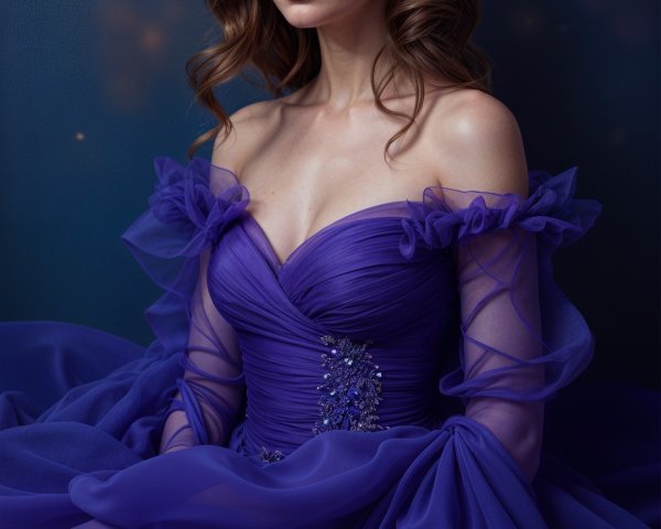 Young woman in elegant purple gown with ruffles