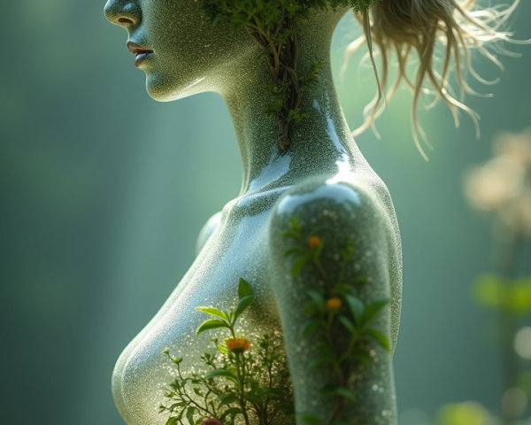 Futuristic figure with transparent head and greenery