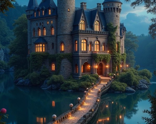 Mystical castle by serene lake with glowing windows