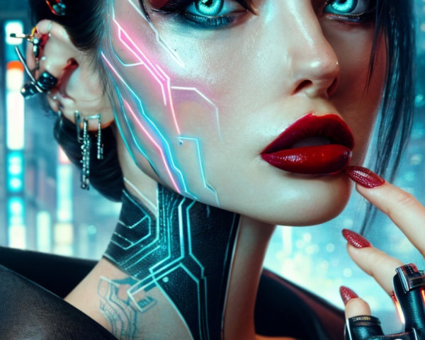 Futuristic Woman with Cybernetic Face and Neon Cityscape