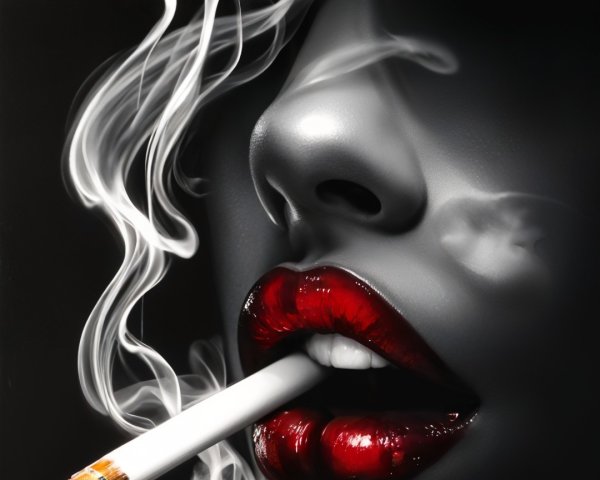 Close-Up of Woman's Face with Bold Red Lips and Smoke
