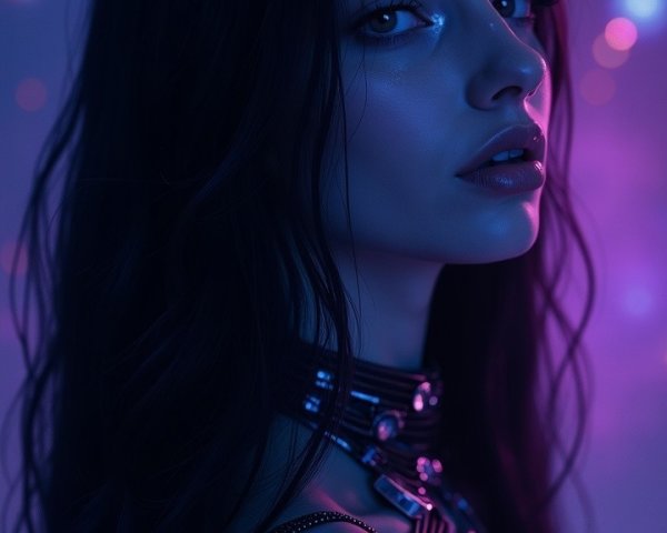 Close-up of a woman with dark hair and bokeh lights