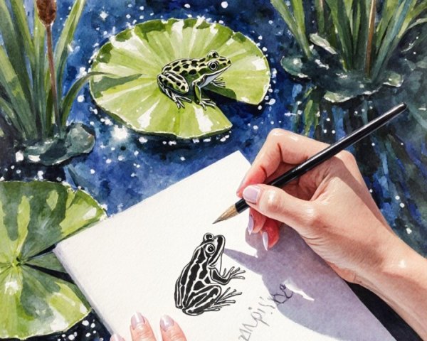 Sketching a Frog Amidst Lily Pads and Tranquil Water