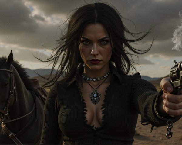Fierce Woman with Revolver in Desolate Landscape