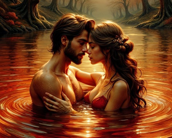 Couple Embraces in Serene Crimson Lake Setting