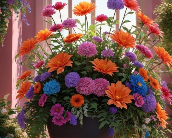 Vibrant Floral Arrangement in Elegant Urn with Natural Light