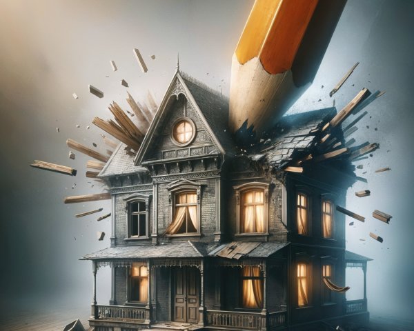 Surreal Scene of House Impacted by Giant Pencil