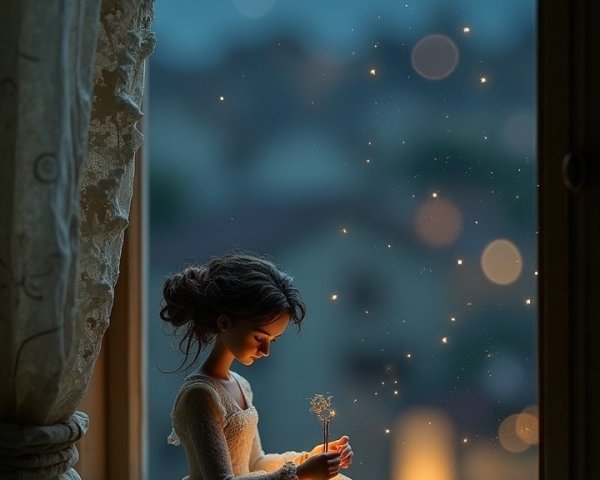 Young Girl in White Dress Gazes at Dandelion by Window