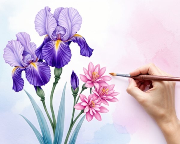 Watercolor Painting of Purple Irises and Pink Lilies