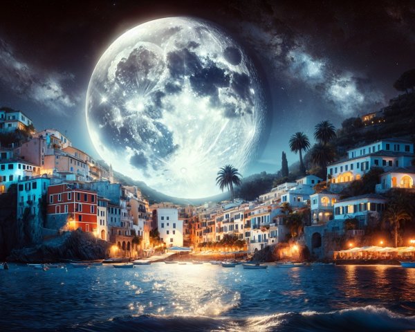 Coastal Village Under Full Moon and Starry Sky