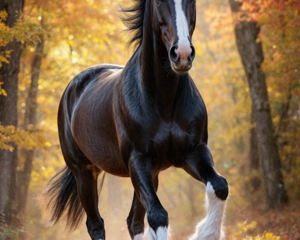 Black Horse Galloping Through Autumn Forest景