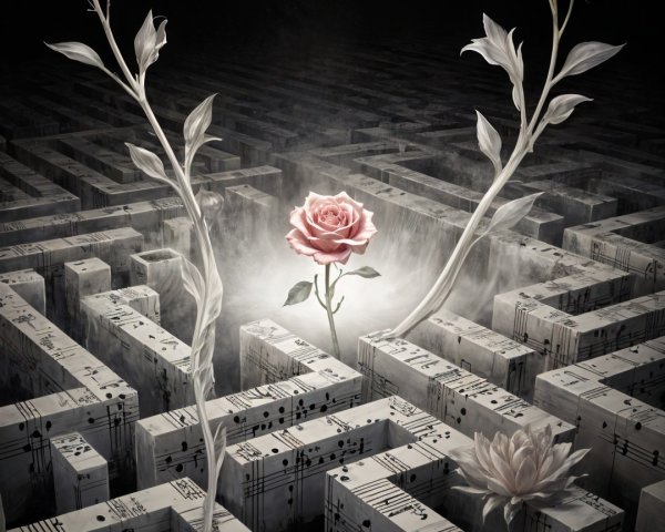 Surreal Labyrinth of Music with Flowers and Glow