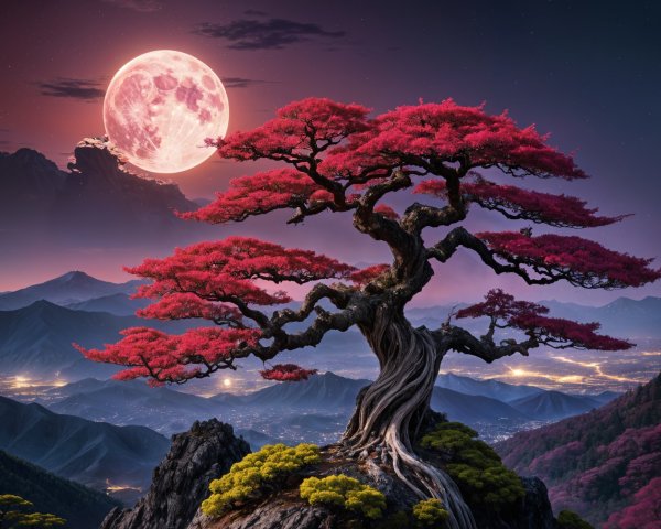 Majestic tree with red foliage under a full moon