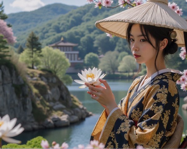 Serene Landscape with Young Woman and Lotus Flower