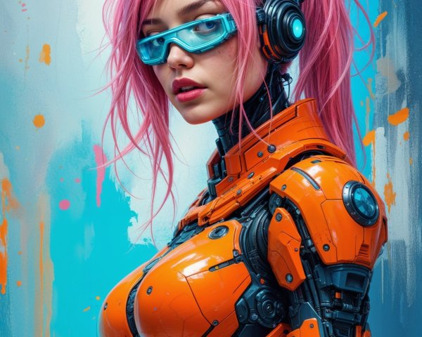 Futuristic Cybernetic Woman in Vibrant Armor and Colors