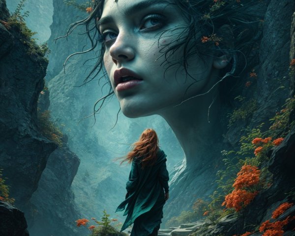 Mystical Landscape with Ethereal Nature Spirit Face