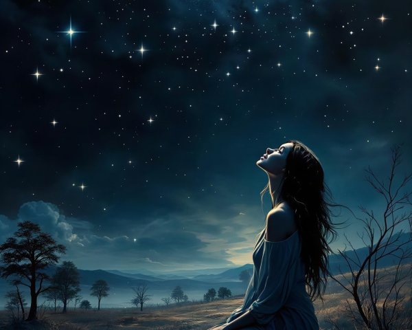 Young Woman in Blue Dress on Starry Hillside at Night