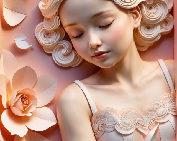 Porcelain Doll Figure on Paper Petals in Soft Colors