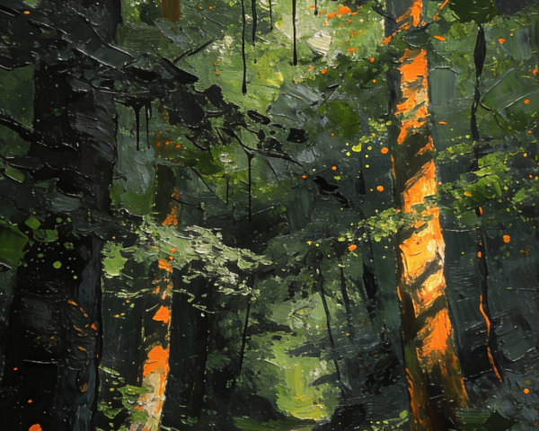 Vertical Impasto Oil Painting of Forest Light Effects