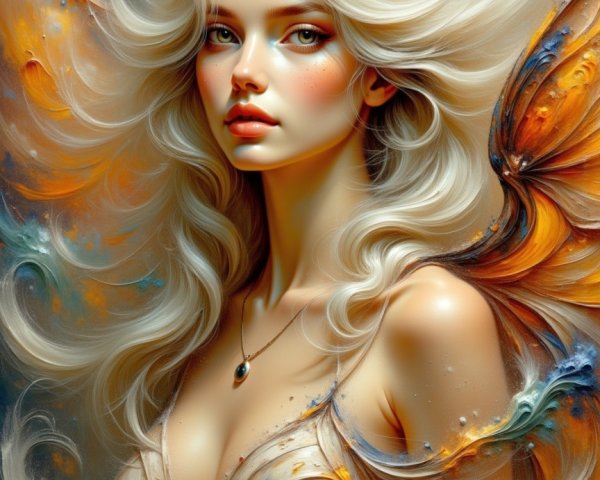 Enchanting figure with silvery hair and butterfly wings