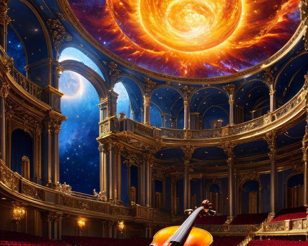 Elegant concert hall with ornate architecture and violin