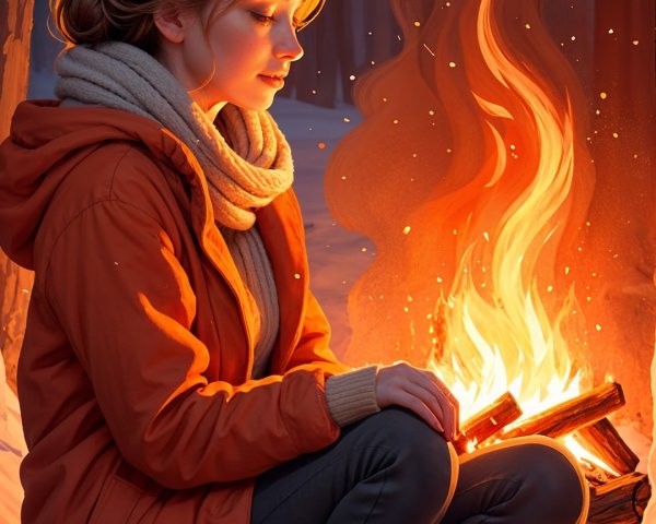 Young woman by campfire in snowy forest setting
